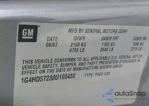 2008 Buick Lucerne Cxl z USA, uszkodzony, nr VIN 1G4HD57238U100430